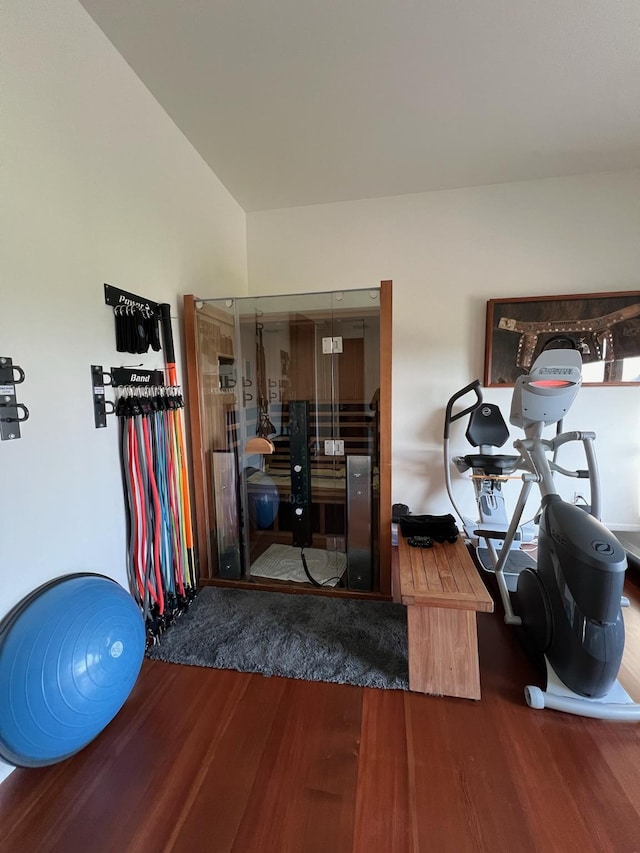 exercise room featuring hardwood / wood-style flooring and vaulted ceiling