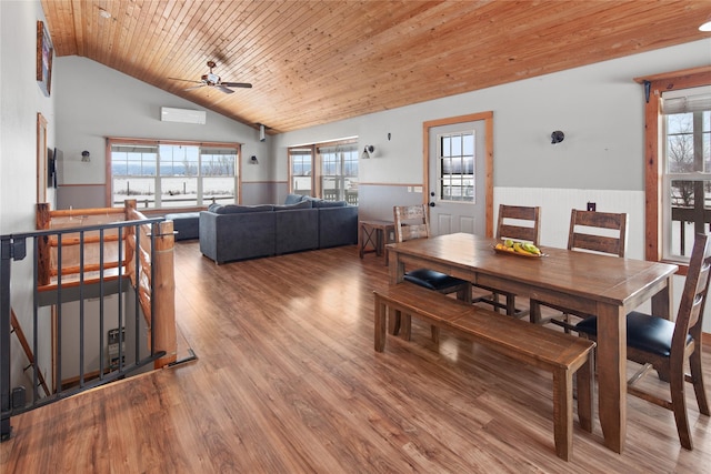 dining area featuring a wall unit AC, ceiling fan, wood-type flooring, wooden ceiling, and lofted ceiling