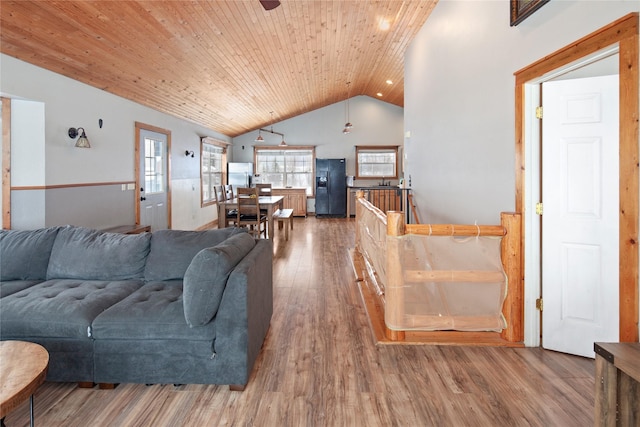 living room featuring hardwood / wood-style floors, plenty of natural light, lofted ceiling, and wood ceiling