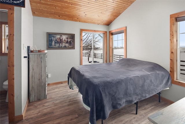 bedroom with hardwood / wood-style floors, wooden ceiling, vaulted ceiling, pool table, and connected bathroom