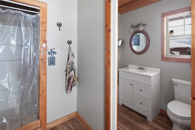 bathroom featuring a shower with curtain, hardwood / wood-style flooring, vanity, and toilet