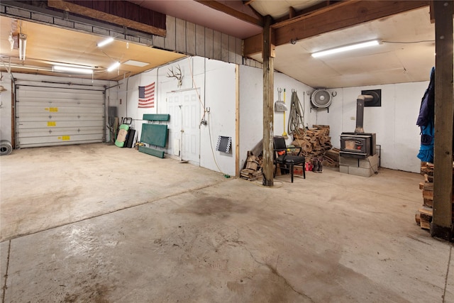 garage featuring a wood stove