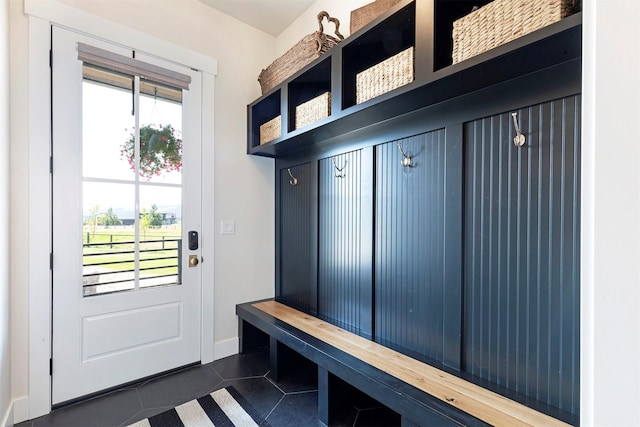 mudroom with dark tile patterned floors and a healthy amount of sunlight