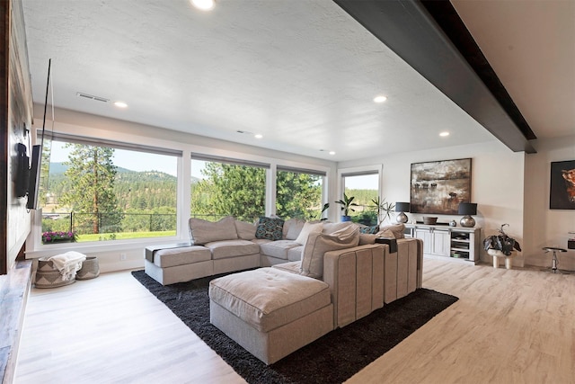 living room with hardwood / wood-style floors, a textured ceiling, and beam ceiling