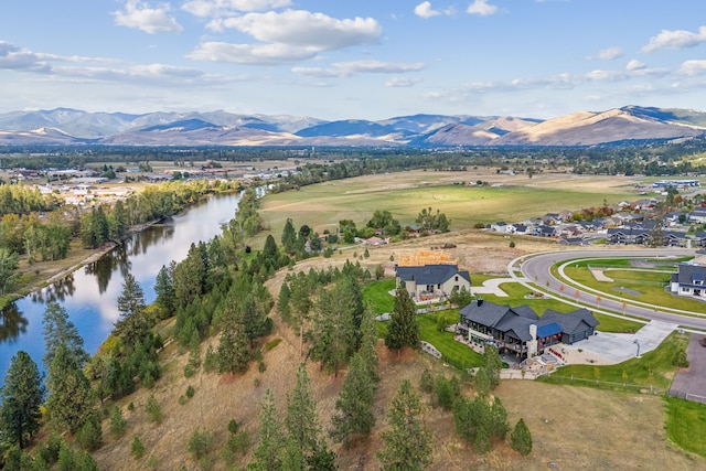 birds eye view of property featuring a water and mountain view