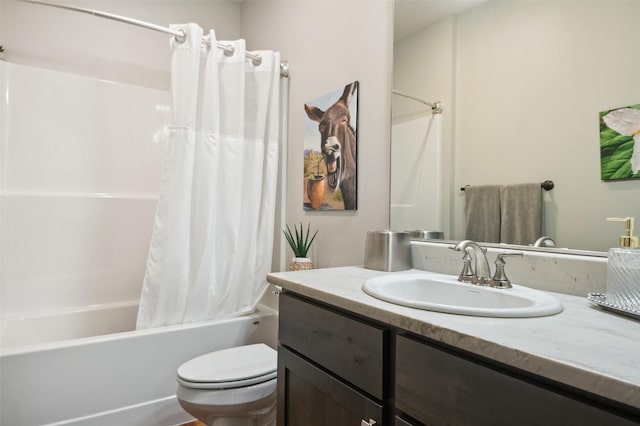 full bathroom featuring shower / bath combination with curtain, toilet, and vanity