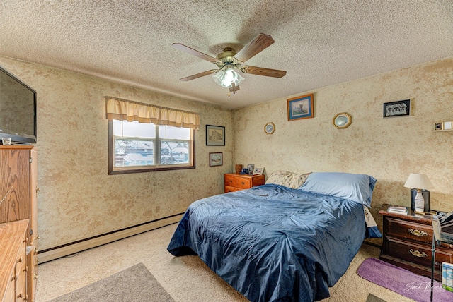 bedroom featuring a textured ceiling, ceiling fan, light carpet, and a baseboard heating unit