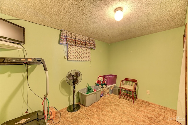 interior space featuring light colored carpet and a textured ceiling