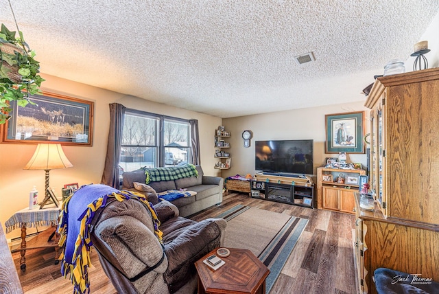 living room with a textured ceiling and hardwood / wood-style flooring