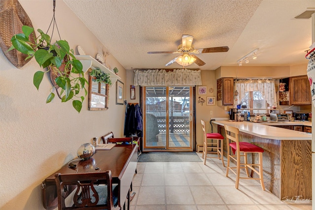 kitchen with plenty of natural light, ceiling fan, a textured ceiling, and a breakfast bar area