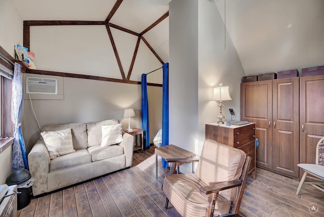 living room featuring high vaulted ceiling and a wall mounted air conditioner