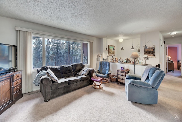 living room with a textured ceiling and carpet floors