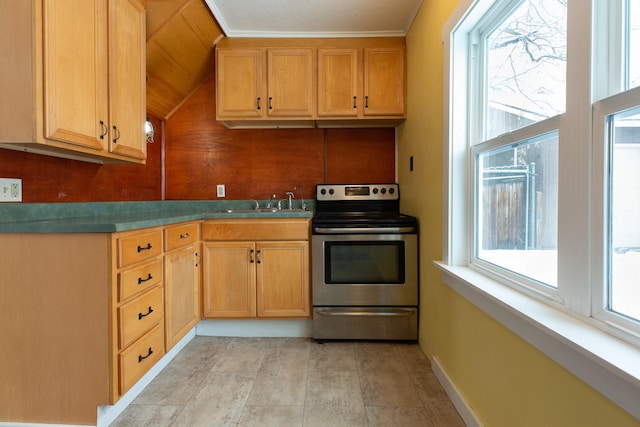 kitchen with electric range, sink, and vaulted ceiling