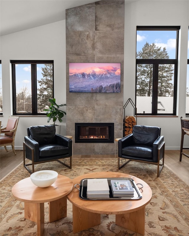 living area featuring lofted ceiling, wood finished floors, a fireplace, and baseboards