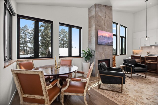 124 W 2nd St Unit B, Whitefish, MT 59937 - dining room with light wood-style flooring, plenty of natural light, lofted ceiling, and a fireplace