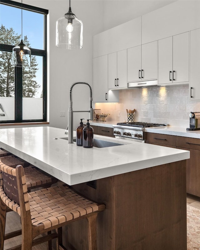 124 W 2nd St Unit B, Whitefish, MT 59937 - kitchen with decorative backsplash, under cabinet range hood, decorative light fixtures, and white cabinets