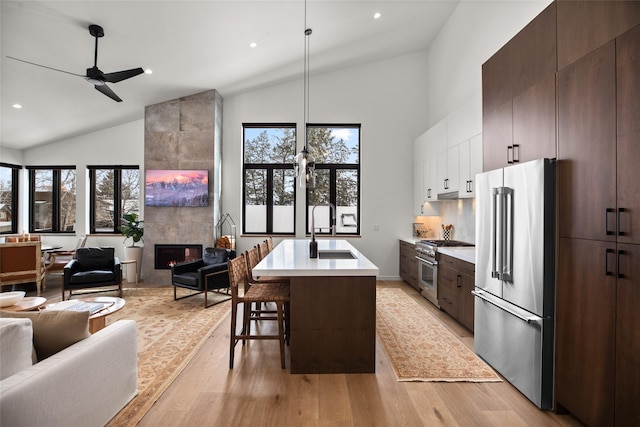 124 W 2nd St Unit B, Whitefish, MT 59937 - kitchen featuring high end appliances, open floor plan, a sink, high vaulted ceiling, and light countertops