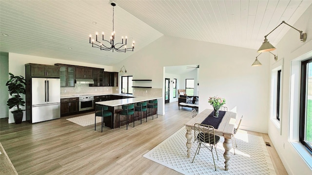 kitchen with light wood finished floors, light countertops, backsplash, appliances with stainless steel finishes, and under cabinet range hood