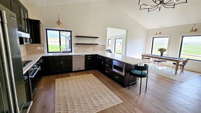 kitchen with open shelves, stainless steel appliances, a sink, wood finished floors, and dark cabinets