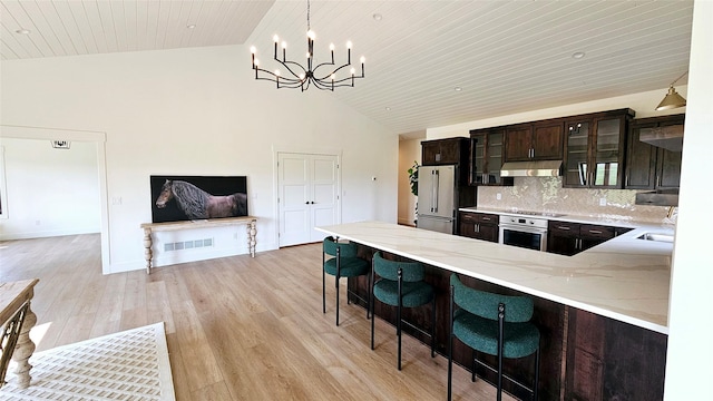 kitchen featuring light wood finished floors, light stone counters, stainless steel appliances, dark brown cabinets, and under cabinet range hood