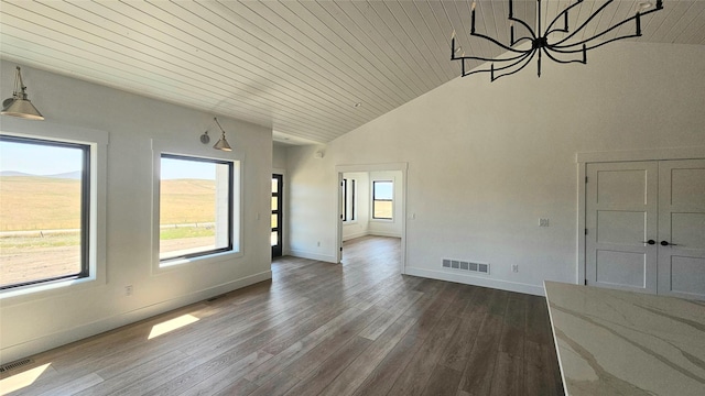 interior space featuring baseboards, visible vents, dark wood-style floors, wood ceiling, and high vaulted ceiling