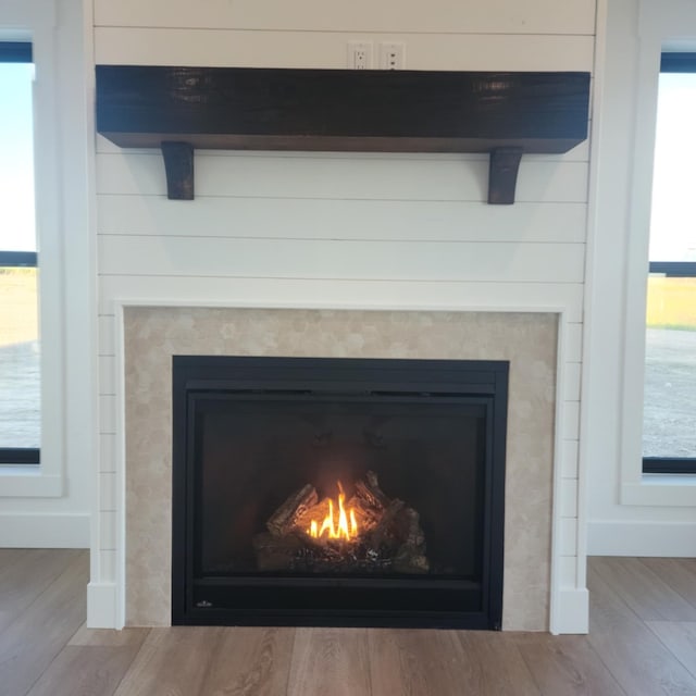 room details featuring a lit fireplace and wood finished floors