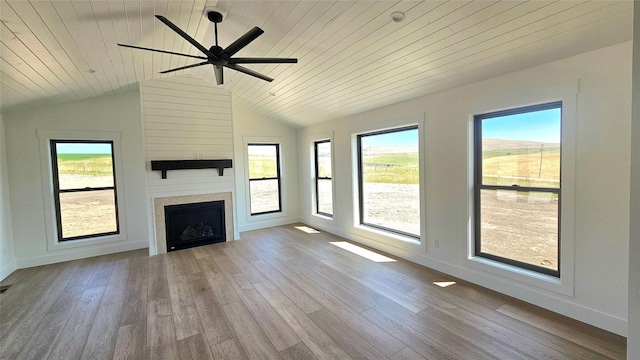 unfurnished living room with wood ceiling, vaulted ceiling, a fireplace, and wood finished floors