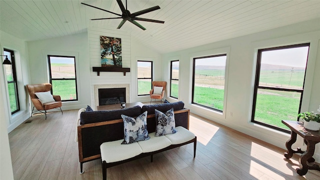 living room featuring a healthy amount of sunlight, light wood-style flooring, vaulted ceiling, and a glass covered fireplace