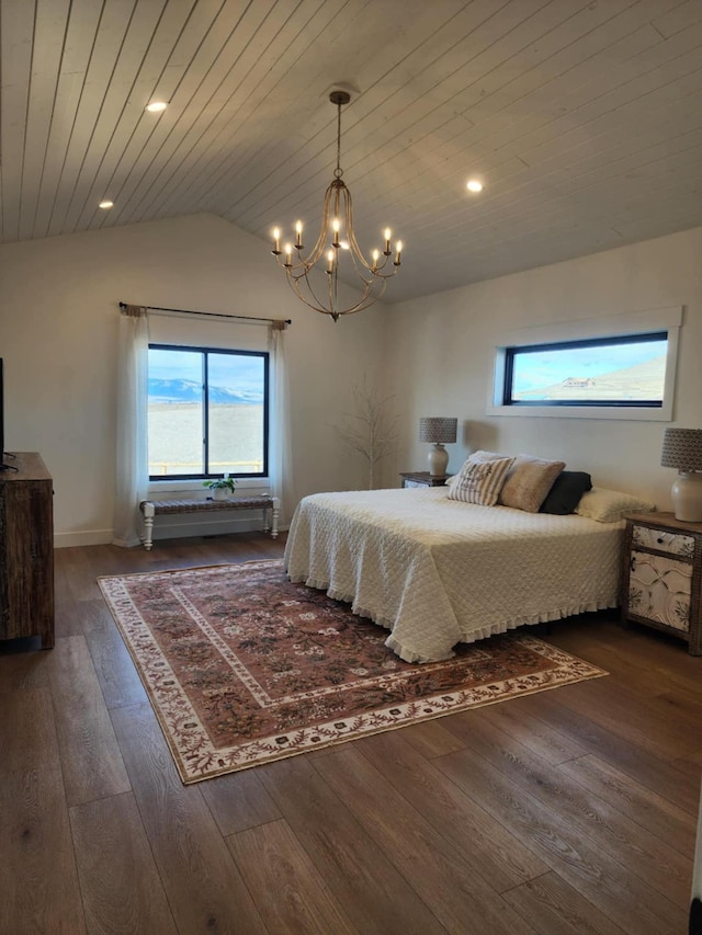 bedroom featuring wood ceiling, lofted ceiling, wood-type flooring, and a chandelier