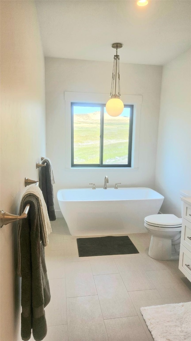 bathroom featuring a freestanding bath, vanity, and toilet