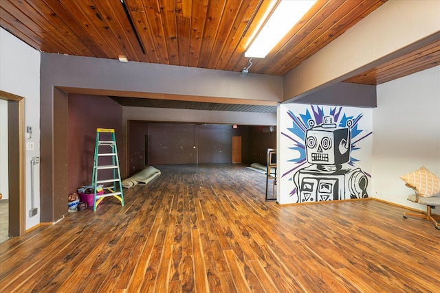 interior space with dark hardwood / wood-style flooring and wooden ceiling