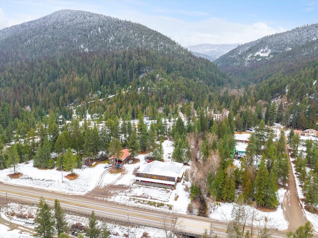 snowy aerial view with a mountain view