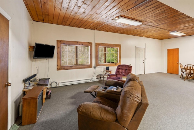 carpeted living room with baseboard heating and wood ceiling