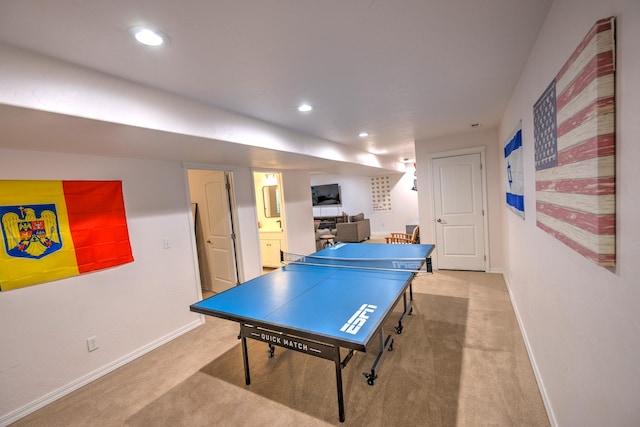 playroom with recessed lighting, light colored carpet, and baseboards