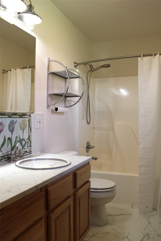 15 Sully Rd, Plains, MT 59859 - bathroom featuring shower / bath combo with shower curtain, marble look tiles, vanity, backsplash, and toilet