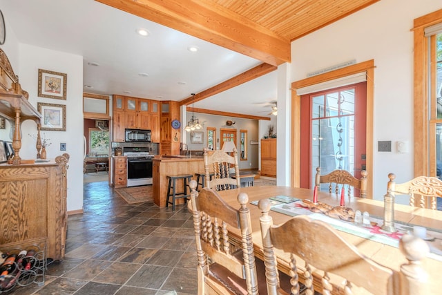 dining area featuring beam ceiling, a wealth of natural light, and ceiling fan