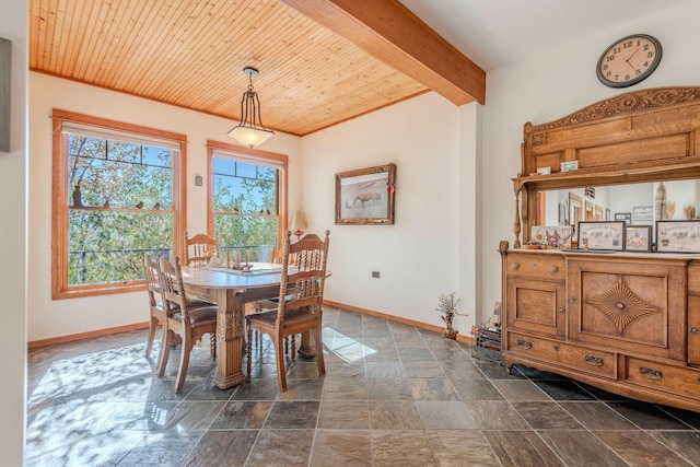 dining room with beamed ceiling and wood ceiling