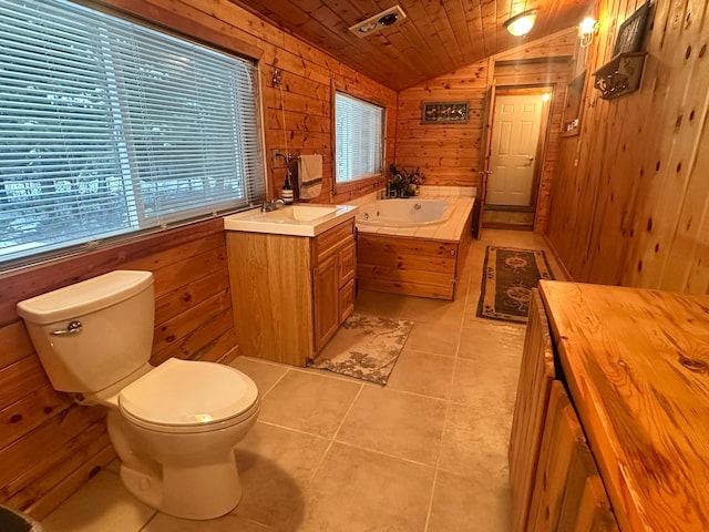 27 Birch Ln, Trout Creek, MT 59874 - bathroom featuring wooden walls, lofted ceiling, wood ceiling, tile patterned floors, and a garden tub