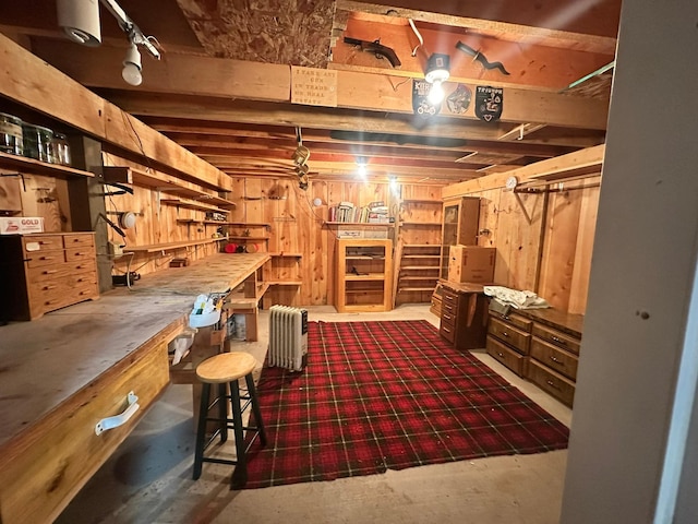 27 Birch Ln, Trout Creek, MT 59874 - unfinished below grade area featuring a workshop area, radiator, and wooden walls