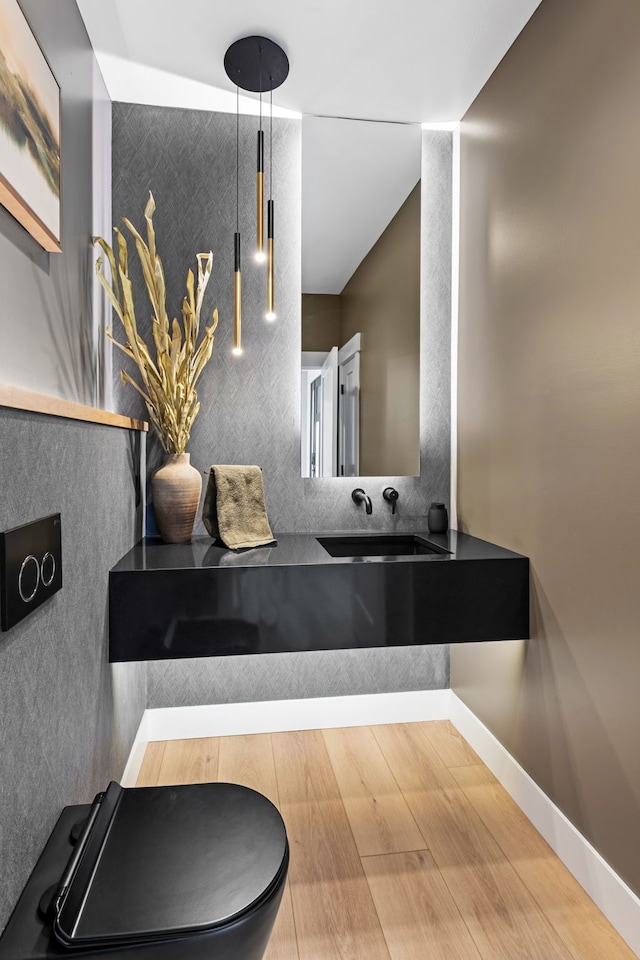 bathroom featuring hardwood / wood-style floors, toilet, and sink