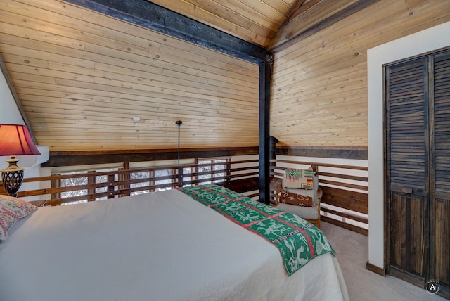 carpeted bedroom featuring vaulted ceiling, a closet, wooden walls, and wood ceiling