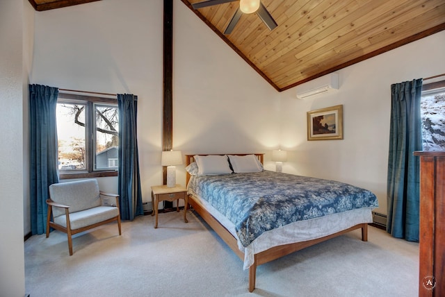 carpeted bedroom with a wall mounted AC, ceiling fan, high vaulted ceiling, and wood ceiling