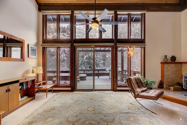 doorway to outside featuring carpet flooring, a wood stove, ceiling fan, and a towering ceiling