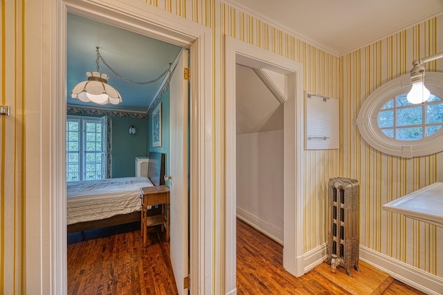 hall featuring dark hardwood / wood-style flooring, radiator, and ornamental molding