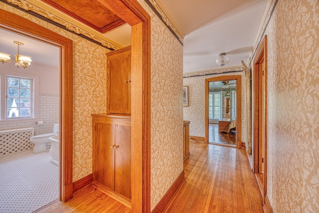 hallway featuring a chandelier, light hardwood / wood-style floors, and crown molding