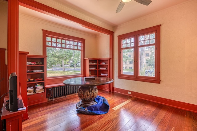 office space featuring radiator, crown molding, ceiling fan, and hardwood / wood-style flooring