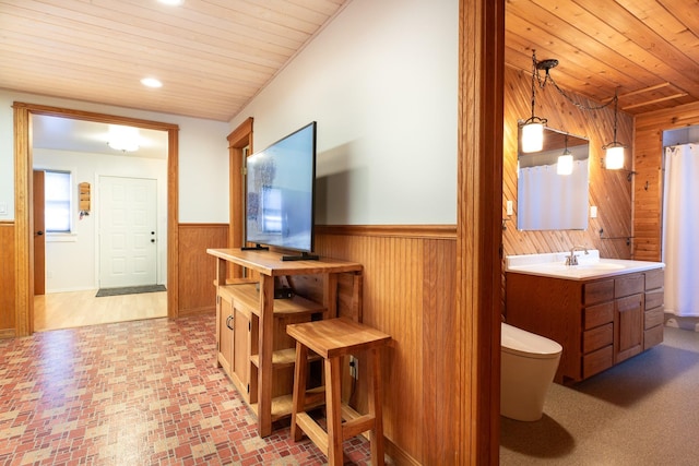 bathroom featuring vanity, toilet, wood walls, and wood ceiling