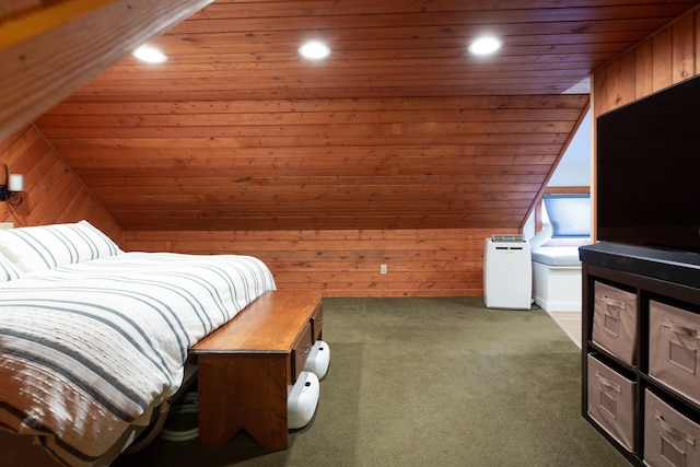 unfurnished bedroom with lofted ceiling, wood walls, and wooden ceiling