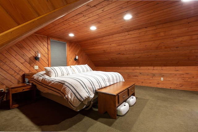 carpeted bedroom featuring wood walls, wooden ceiling, and vaulted ceiling