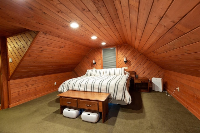 bedroom with dark carpet, vaulted ceiling, wood ceiling, and wood walls